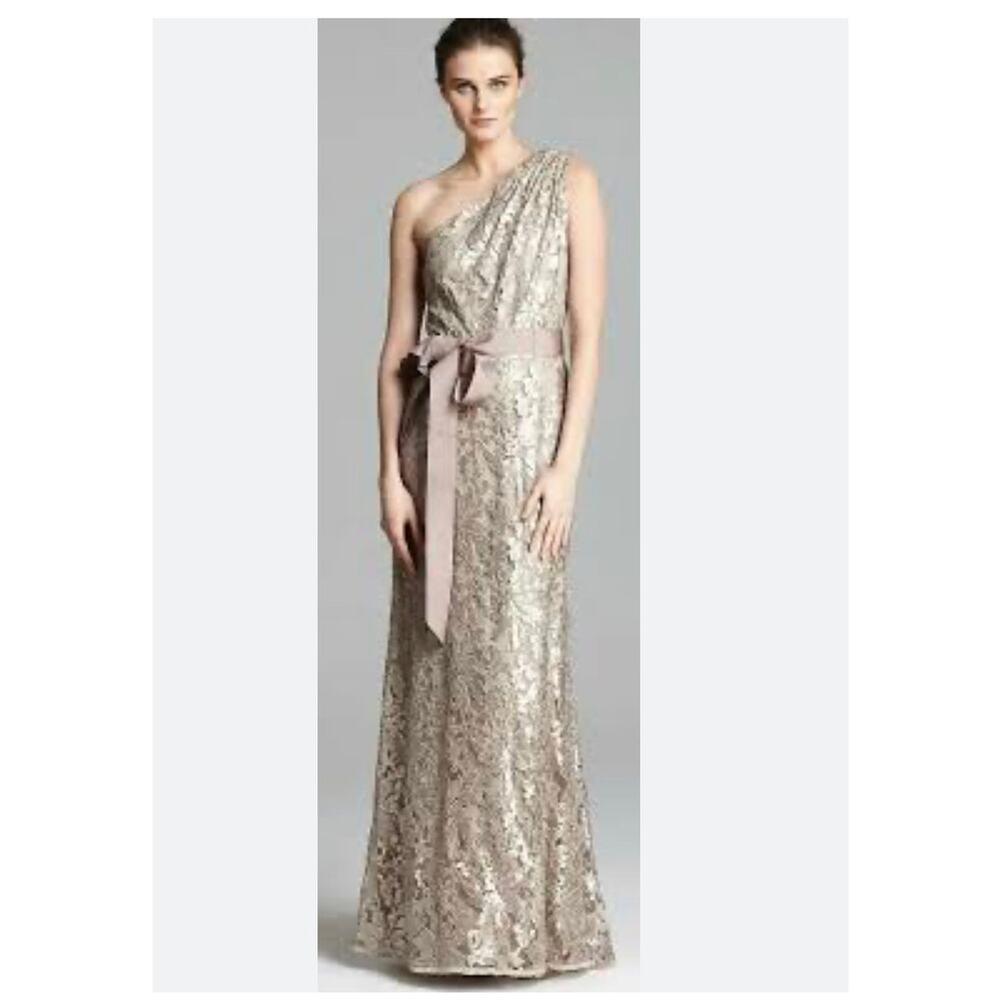 Tadashi Shoji Sequined Lace Paillette One Shoulder Gown